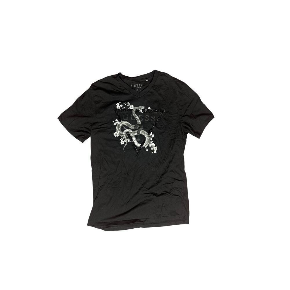 GUESS Women’s Medium Black V-Neck Tee Sparkle Logo Snake Floral Graphic